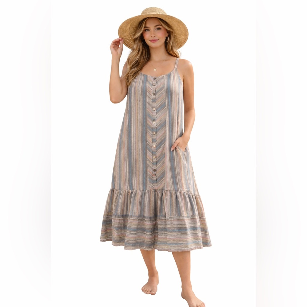 Caslon Multicolor Striped Button Front Dress Ruffle Hem Oversize‎ Shift 1X midi